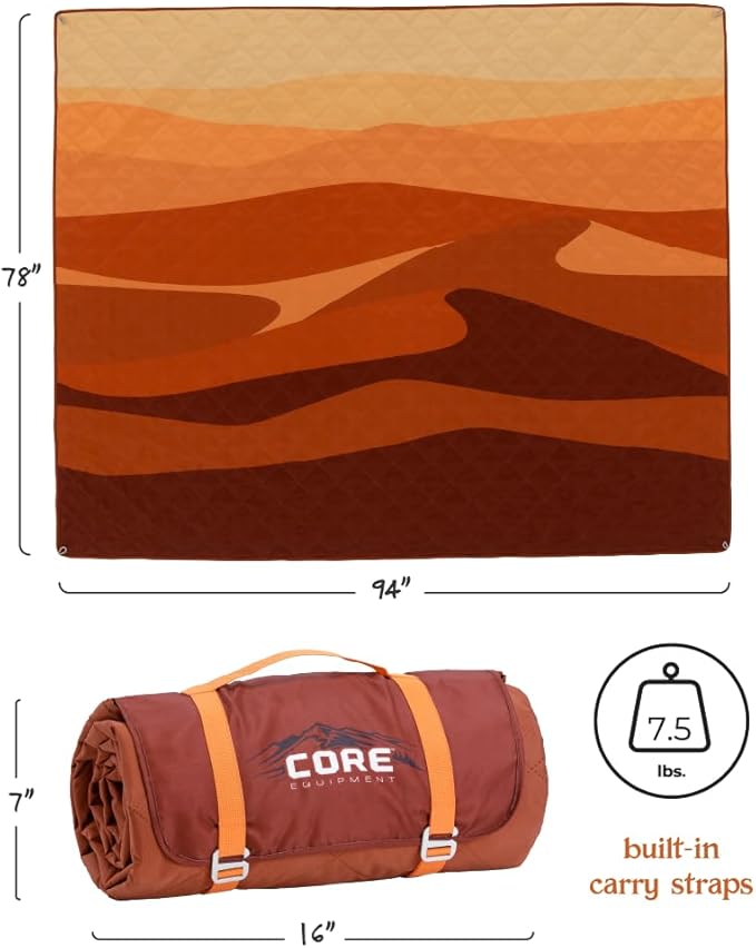 CORE Outdoor Weighted Blanket | Packable Waterproof Picnic Blanket Beach Mat Tent Camping Rug &amp Stadium Blanket | Large Portable 94 x 78 Quilt Design with Built-in Straps and Carry Handle