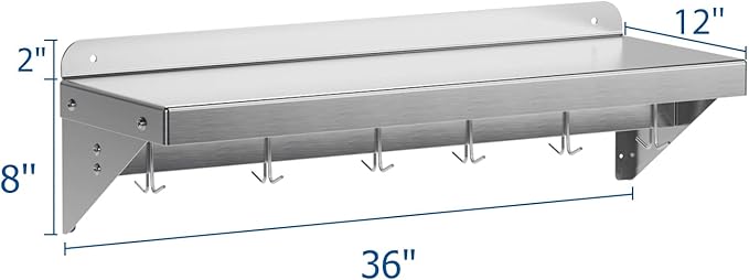 12 x 36 NSF Certified Stainless Steel Wall Mount Shelf - Multifunctional Metal Storage Rack with Backsplash and 6 Hooks