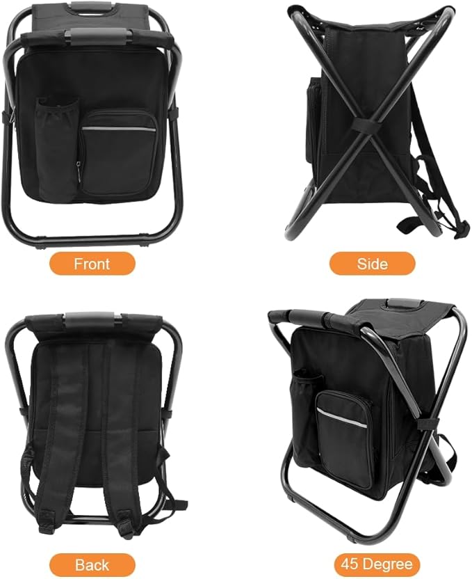 Portable Folding Camping Stool Backpack with Cooler Bag Hiking Seat Outdoor Fishing Hunting Gifts Black