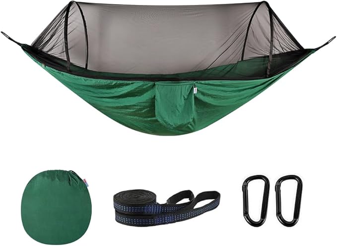 Camping Hammock with Mosquito Net - Double &amp Single Portable Hammocks with 2 Tree Straps Lightweight Hammock Tent for Outdoor Camping Hiking Backpacking Beach &amp Backyard (Dark Green)