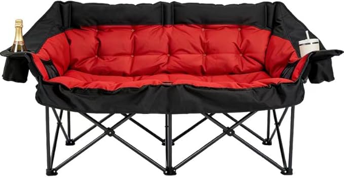 QUYUAN Double Seater Camping Chair Padded Loveseat Chair for 2 Person Oversized Heavy Duty Folding Camp Chairs Camping Couch for Tailgating RV Travel Beach Days Outdoor Sofa (Black &amp Red)