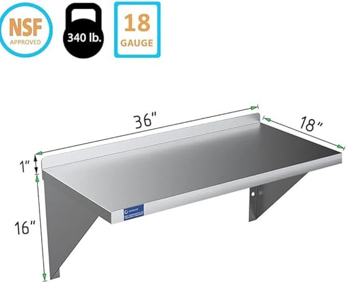 Stainless Steel Wall Shelf | Square Edge | Metal Shelving | Heavy Duty | Commercial Grade | Wall Mount | NSF Certified (18” Width x 36” Length)