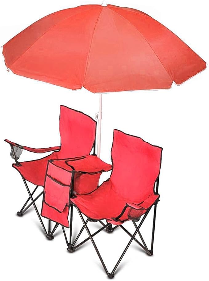 GoTeam Portable Double Folding Chair w/Removable Umbrella Cooler Bag and Carry Case - Red