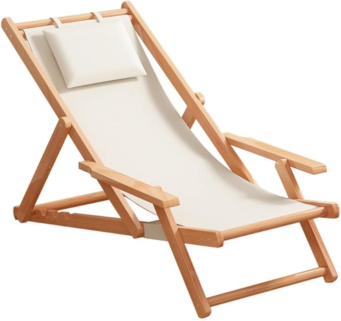 MOOTEK Wood Portable Reclining Beach Chair 4 Level Height Adjustable Reclining Chairs with Wood Frames and Cushioned Headrest for Indoor Outdoor Garden Backyard Poolside