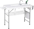 Folding Fish Cleaning Table Portable Camping Double Sinks Table with 2 Dual Water Basins Faucet Drainage Hose Sprayer Outdoor Fish Fillet Cleaning Station with Storage Box