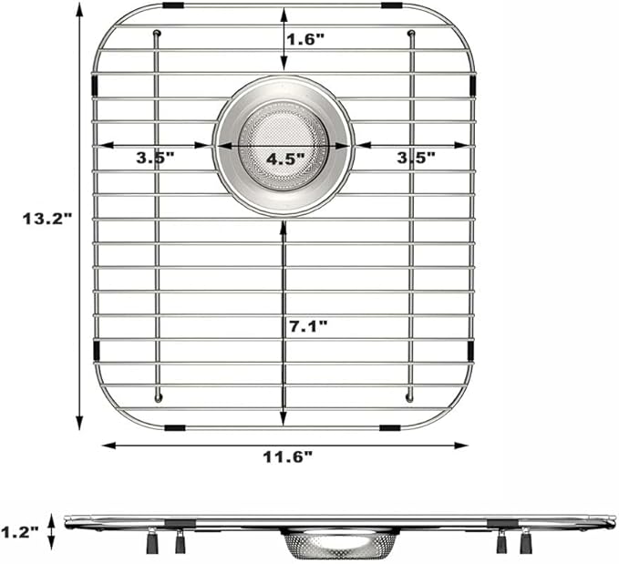 Sink Bottom Grid Kitchen Universal Sink Grate 304 Stainless Steel Sink Rack Protector with Rear Drain 13.2 X 11.6