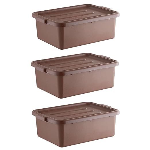 3-Pack 20 x 15 x 7 Commercial Bus Tub/Bus Box - 9 Gallons with Lid - Stackable Dish Storage Boxes for Home Kitchen Pantry or Garage Organization – Heavy-Duty and Freezer-Safe - Brown