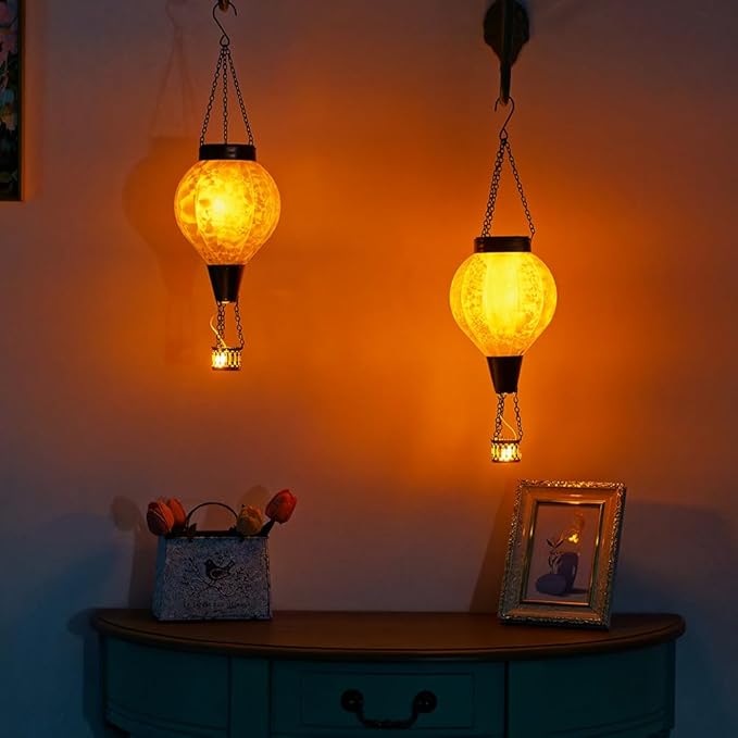 2 Pack Hanging Solar Air Balloon Lantern Outdoor Waterproof Hot Air Balloon Solar Lantern Flickering Flame Outside Decor for Garden Yard Patio Solars Lights Gifts for Mom Grandma（yellow）