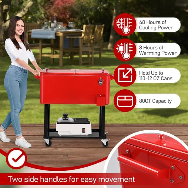 80QT Freezer Cart on Wheels - Red Heavy-Duty Mobile Food Storages Box with Drain Pipe for Restaurant Kitchen Market Portable Cold Storage Box Freezer Kitchen Rolling Storage Container