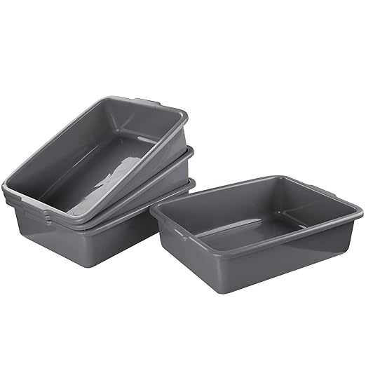 4-Pack Bus Box Dish Tub for Restaurants Standard Bus/Utility Box 25L Gray Plastic Heavy Duty Wash Basin/Dish Washing Tub for Kitchen Organization/Storage