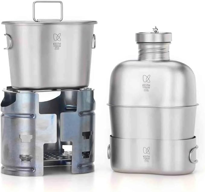 Keith Titanium Ti3061 Pro Plastic-Free Canteen Mess Kit with Stove – Grade 1 Titanium Cookset 37 oz Bottle 24 oz &amp 13.5 oz Cups Custom MOLLE Field Carry Case with Premium Zippered Pouches