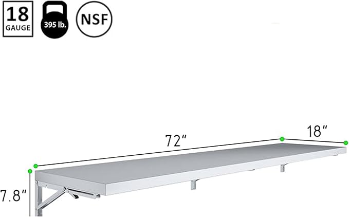 Stainless Steel Folding Wall Shelf NSF Certified| Concession Stand Food Truck Kitchen Restaurant Garage Laundry and Utility Room (18 D x 72 W)