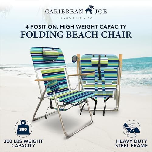 CARIBBEAN JOE Folding Beach Chair 4 Position Portable Backpack Foldable Camping Chair with Headrest Cup Holder and Wooden Armrests