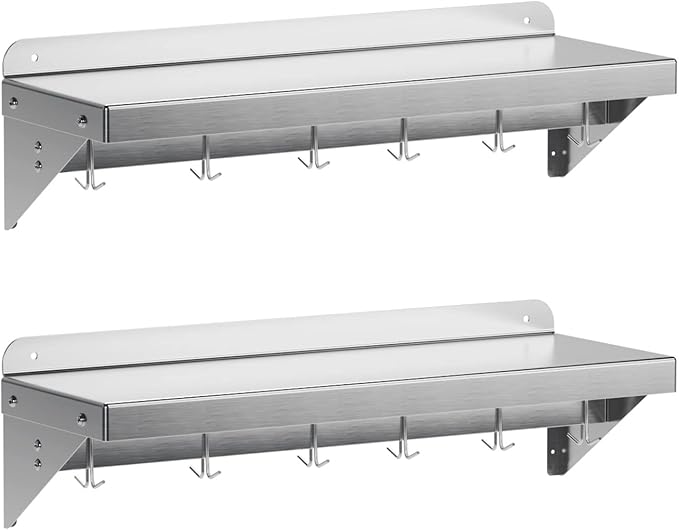 2 pack Metal Multifunctional Storage Rack with Backplash for Kitchen [NSF Certified] 12 x 36 Stainless Steel Wall Mount Shelf with 6 Hooks for Hanging Pots Panscookware in Home and
