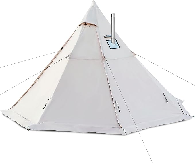 Hot Tent with Stove Jack 4 Season 3-4 Person Tipi Tent for Camping 8.2ft Standing Room with Snow Skirt Cold Weather Shelter for Family Fishing Hiking Hunting Backpacking