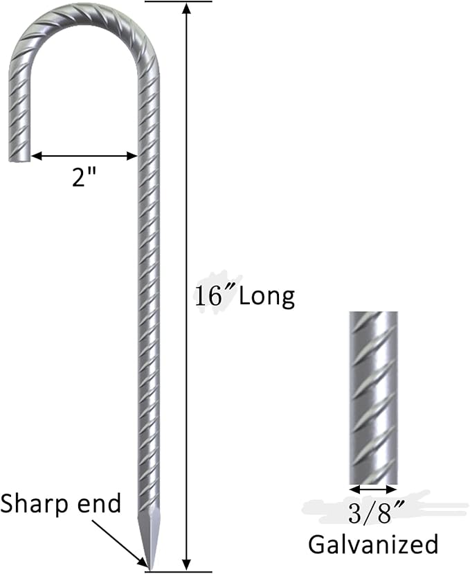 12 Pack 16 Ground Rebar Stakes Heavy Duty J Hook Ground Anchors Curved Steel Plant Support Garden Stake Anti Rust Galvanized Ground Stakes