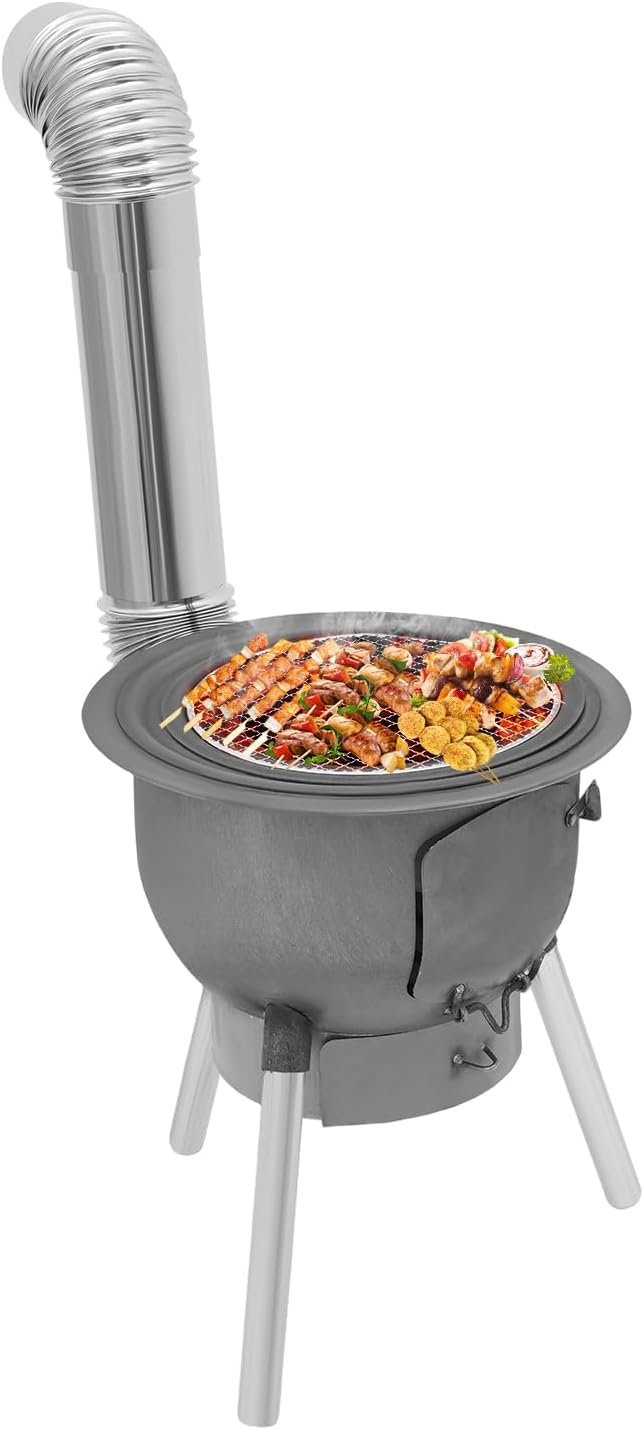 Multifunction Wood Burning Stove With Grill Rack Camping Wood Stove Large Charcoal Grill With Grill Rack For Outdoor/Backyard Cooking Picnic And Barbecue. (Silver- Grey-16.9in+ 3 Wok Rings)