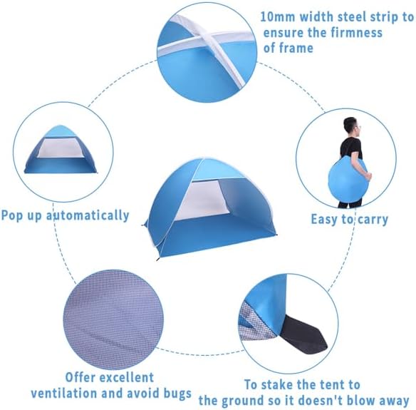 Automatic Pop Up Beach Tent for 2-3 People Portable Sun Shelter with UV Protection Waterproof Camping Shade for Family Lightweight Blue Fishing Canopy for Park Hiking Picnic Outdoor Trips