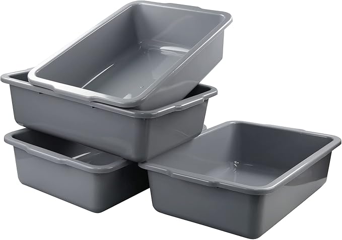 Zopnny 4 Pack Commercial Bus Tubs Food Grade Meat Processing Tubs Lug 7 Grey Plastic Dish Tub/Wash Basin/Tote Box for Dishwashing Kitchen Restaurant Utility (35 L)