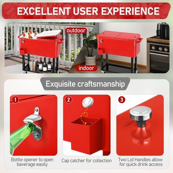 80QT Freezer Cart on Wheels - Red Heavy-Duty Mobile Food Storages Box with Drain Pipe for Restaurant Kitchen Market Portable Cold Storage Box Freezer Kitchen Rolling Storage Container