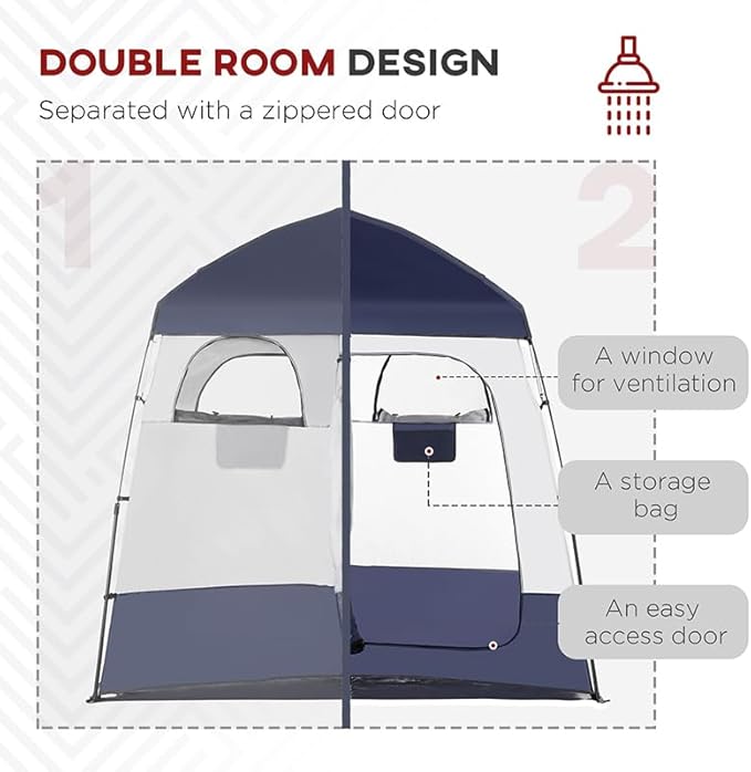 Outsunny Shower Tent Pop Up Privacy Shelter for Camping Dressing Changing Room Portable Instant Outdoor Shower Tent Enclosure w/ 2 Rooms Shower Bag Floor and Carrying Bag Blue