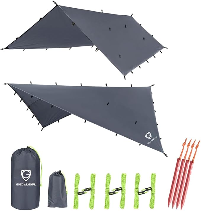 Gold Armour Rainfly Tarp Hammock Premium 20ft x 14.3ft Rain Fly Cover Waterproof Ultralight Camping Shelter Canopy Must Have Camping Accessories Camping Essential (Gray)
