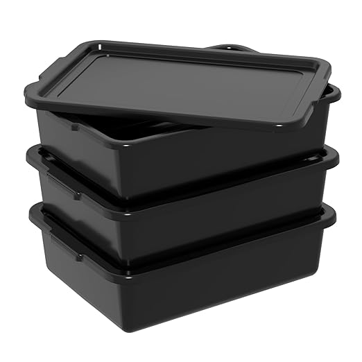 13 L Commercial Bus Tubs with Lids Plastic Bus Tub Tote Box Black 3 Packs