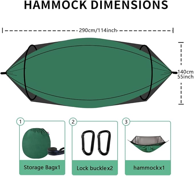 Camping Hammock with Mosquito Net - Double &amp Single Portable Hammocks with 2 Tree Straps Lightweight Hammock Tent for Outdoor Camping Hiking Backpacking Beach &amp Backyard (Dark Green)