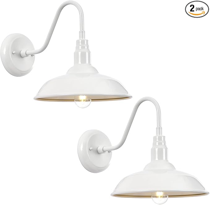 Outdoor Gooseneck Barn Light Fixture with Wall Mount 10'' Diameter White Exterior Waterproof Wall Lantern for Porch Farmhouse Wall Sconce 2 Pack LM2201-WH-2P