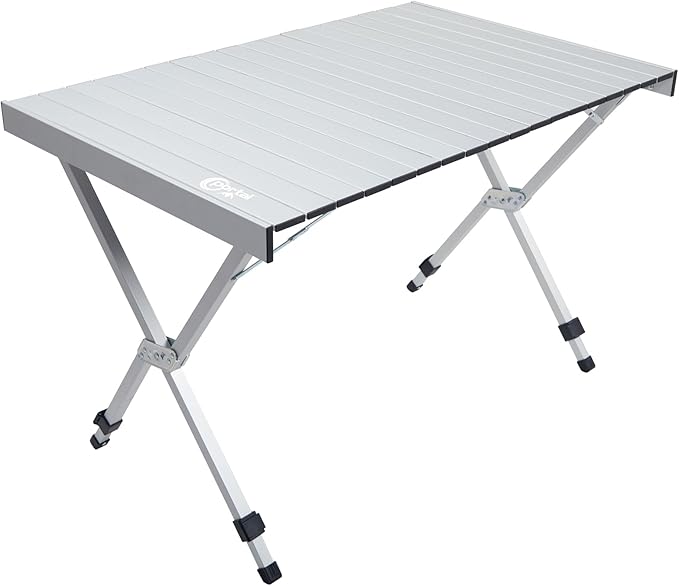 PORTAL Folding Outdoor Camping Table with Adjustable Height Aluminum Roll-Up Top and Carry Bag Big Large Portable Tables for Picnic BBQ and Tailgating Silver