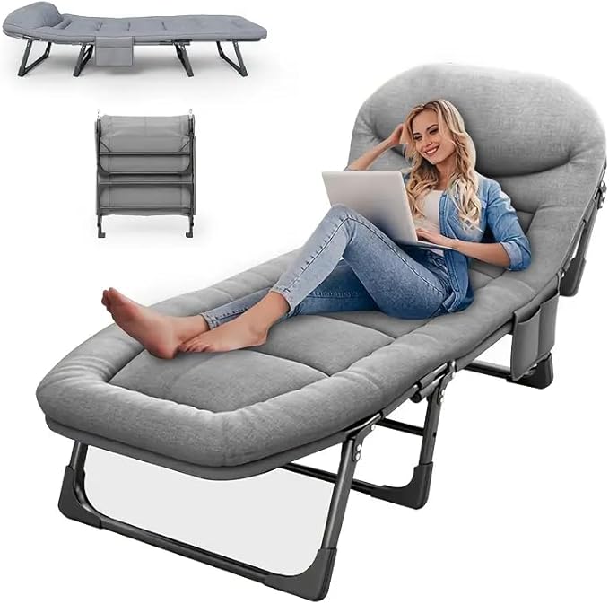 Leo IRis Portable Folding Camping Cot Oversize Adjustable 5-Position Adults Reclining Lounge Chairs with Pillow Heavy Duty Oxford Cloth 600D with Mattress (Gray - Luxury Bed)