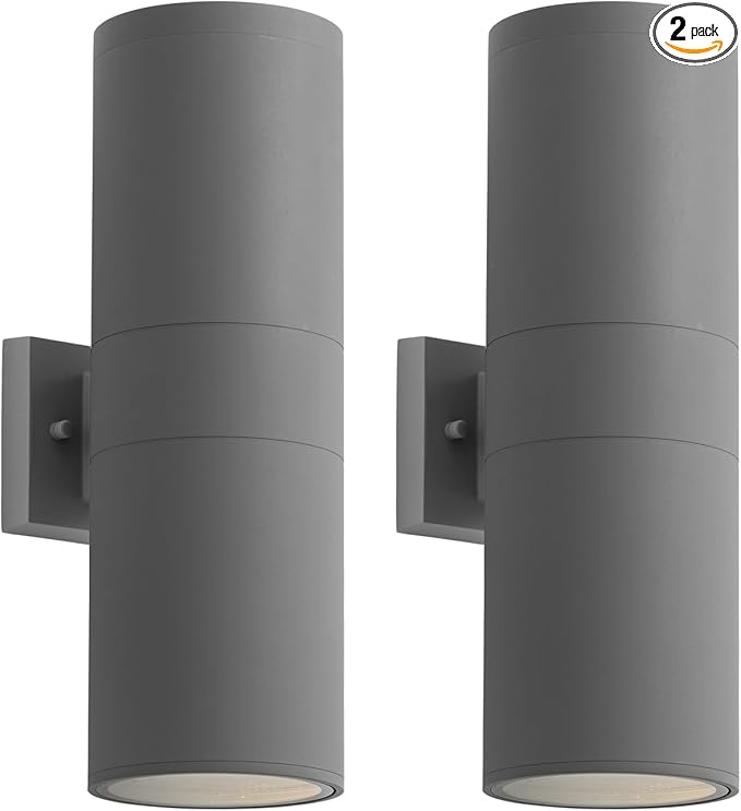mirrea 18 Modern Outdoor Porch Light Patio Light in 2 Lights with Aluminum Cylinder and Tempered Glass Cover Waterproof Wall Sconce 2 Pack (Matte Gray)