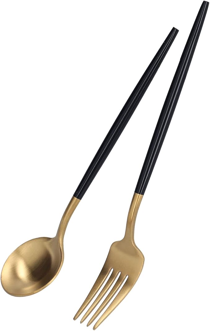 3Pcs Portable Travel Utensils Set Stainless Steel Spoon Fork Chopsticks Dishwasher Safe Cutlery with Anti Shake Groove Storage Box for School Work Outdoor Use (Black gold (black storage box))
