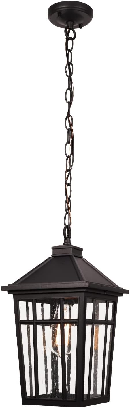 Darkaway Large Outdoor Pendant Light Fixture 16inch Outdoor Hanging Light Porch Lights Fixtures Anti-Rust Waterproof Aluminum with Seeded Glass for Porch Entryway Doorway Farmhouse (BlackLarge)