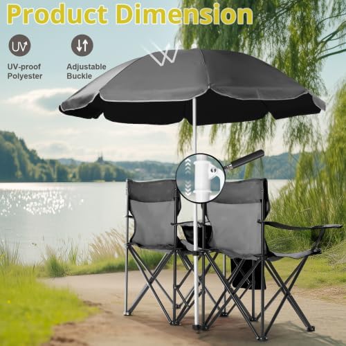 Camping Chairs Folding Double Chair with Removable Umbrella Cup Holders Cooler Bag Side Pocket &amp Carry Bag for Beach Outdoor Sports Concerts Travel Picnic