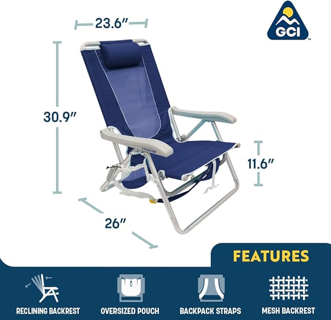 GCI Outdoor Backpack Beach Chair | Reclining Folding Chair with Durable Armrests Drink Holder &amp Carry Straps Perfect for Beach Trips &amp Picnics — Nautical Blue