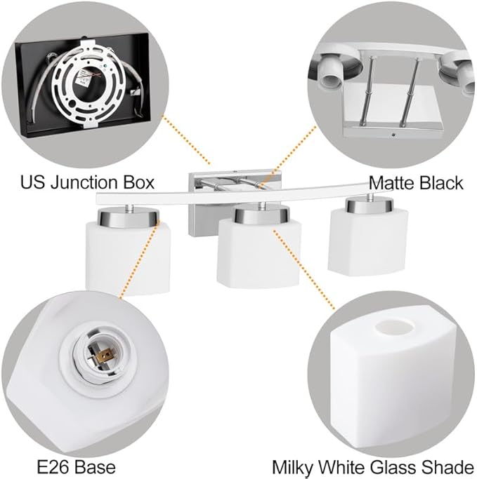 3-Light Bathroom Light Fixture Over Mirror Modern Chrome Vanity Fixture with Milky Glass Shade 23 inches Bath Light for Bath Vanity Lighting