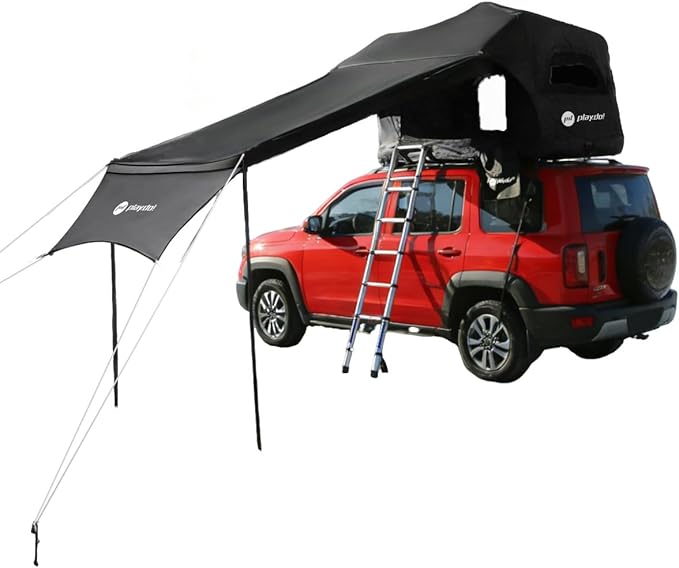 PlayDo Inflatable Rooftop Tent Easy Setup Camping Tent for The Roof of Sedans Pickup Blow Up Roof Top Tents SUV Truck Van Glamping Tent with Porch Strip Light for 2-3 Person