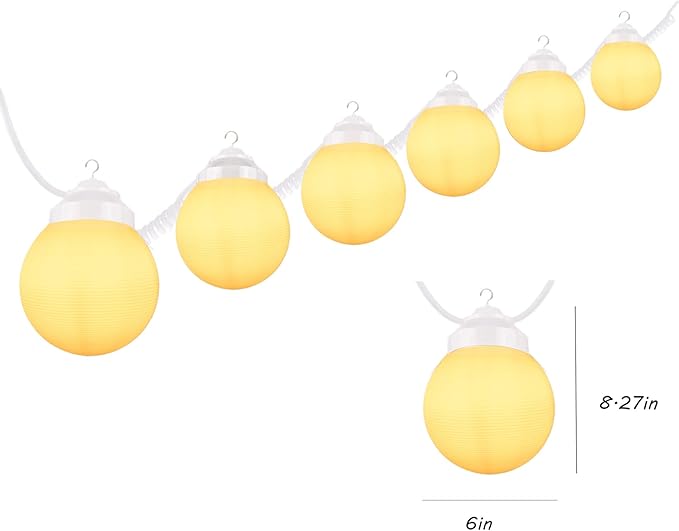 27.5FT Outdoor Patio String Lights - White RV Globe Awning Lights - 6pcs 6in Diameter Acrylic Sunset Awning Lights with 6+2 6W A19 Filament LED Glass Bulbs (2700K Warm White)