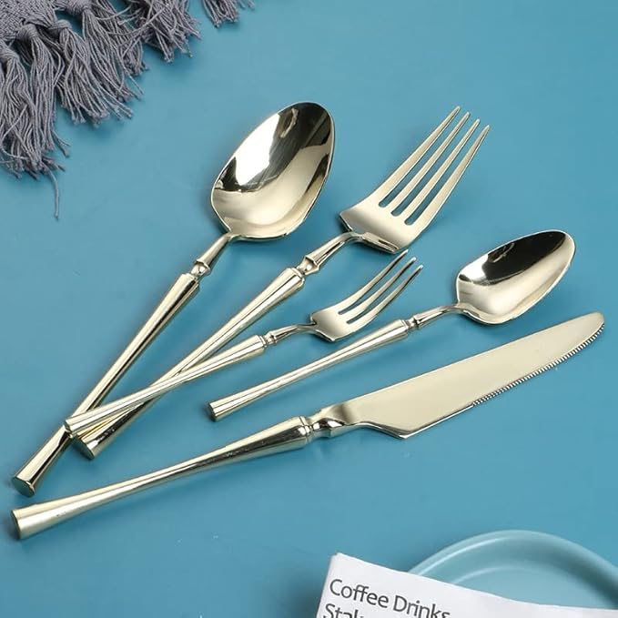 SpoonsSilverware Set 30-Piece Stainless Steel Cutlery Set - Travel Fork and Spoon Elegant Gold Silverware for Dining and Outdoor Use