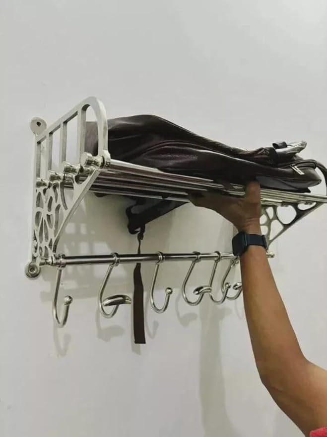 Stainless Steel Wall Shelf with Hooks | Bathroom Kitchen Storage Rack | Durable &amp Rust Resistant