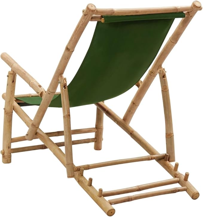 Green Bamboo Deck Chair Adjustable Recliner with Foldable Design for Patio Garden Beach Camping Sturdy Canvas Polyester Outdoor Lounge Chair for Relaxing