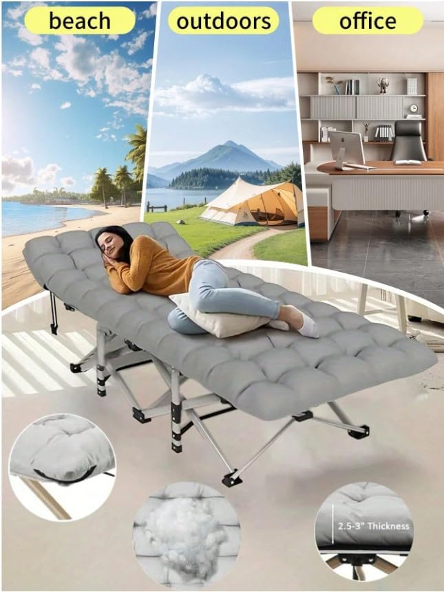 Folding Camping Cot with Mattress Portable Bed for Adults Comfortable Sleeping Solution for Indoor Outdoor Travel Home Office Use with Carry Bag (Gray)
