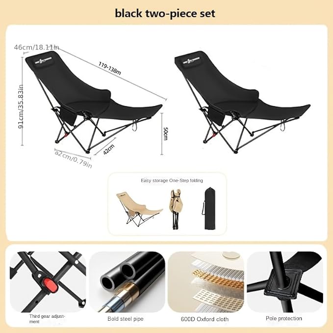 Orlan Outdoor Folding Chair Convertible for Sitting and Lying with FootrestBlack Two-Piece Set 140kg Load Capacity No Assembly Required One-Second Open/Close Portable and Easy to Store