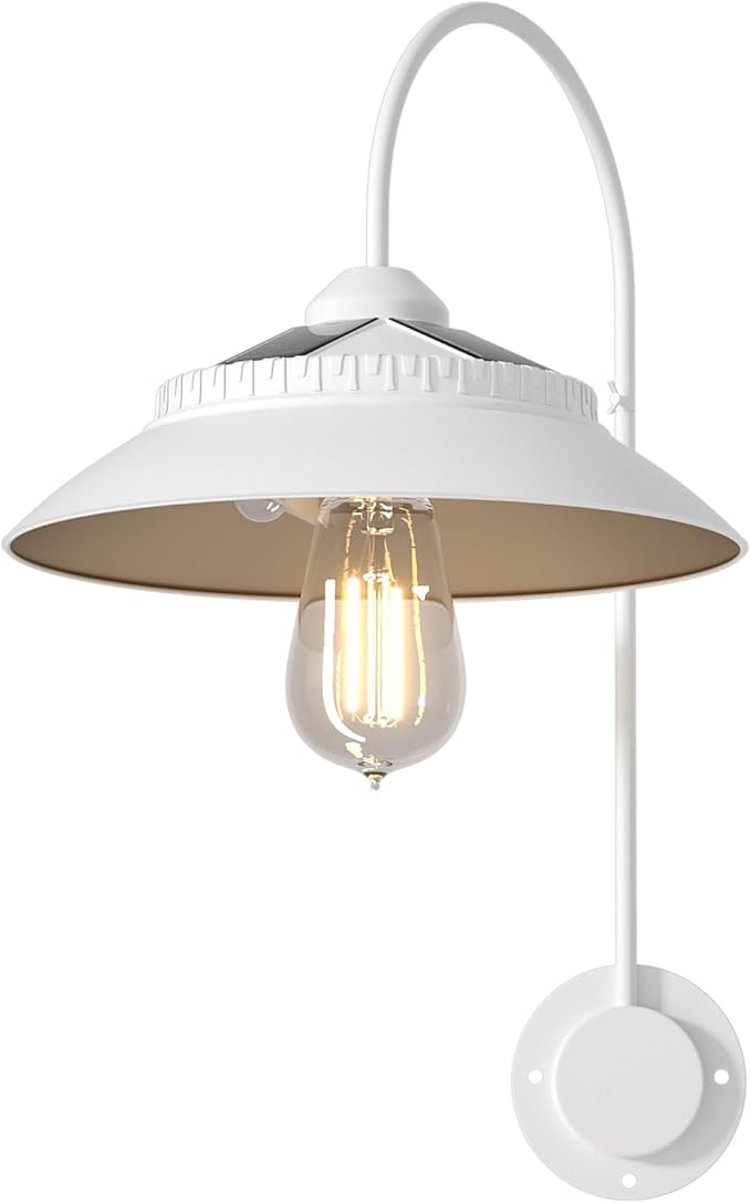 Solar Gooseneck Lights Outdoor Waterproof - Motion Sensor Rustic Vintage Porch Lights with Clear Glass LED Edison Bulbs and 4 Solar Panels for BarnPatioCoopShed and Courtyard(White 1P)