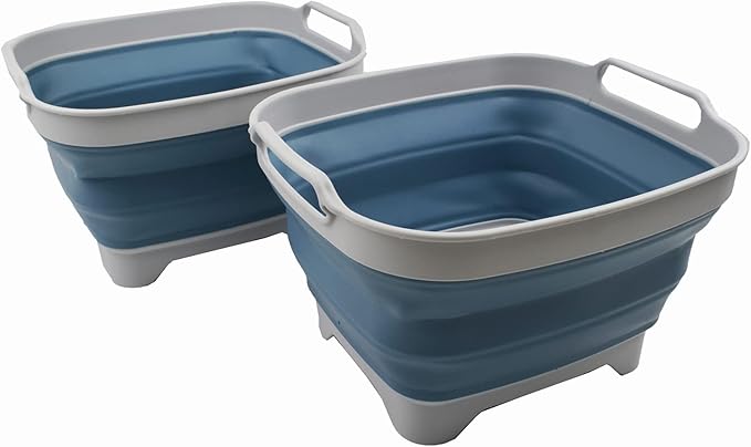 SAMMART 7.5L (2 Gallons) Collapsible Dishpan with Draining Plug - Foldable Washing Basin - Portable Dish Washing Tub - Space Saving y (Grey/Steel Blue (Set of 2) 2)