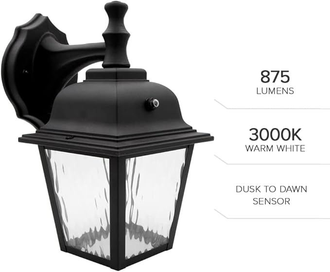 Maxxima LED Porch Lantern Outdoor Wall Light Fixture - Black Clear Water Glass Photocell Sensor 875 Lumens 3000K Warm White Dusk to Dawn Light Sensor Exterior Decorative Light