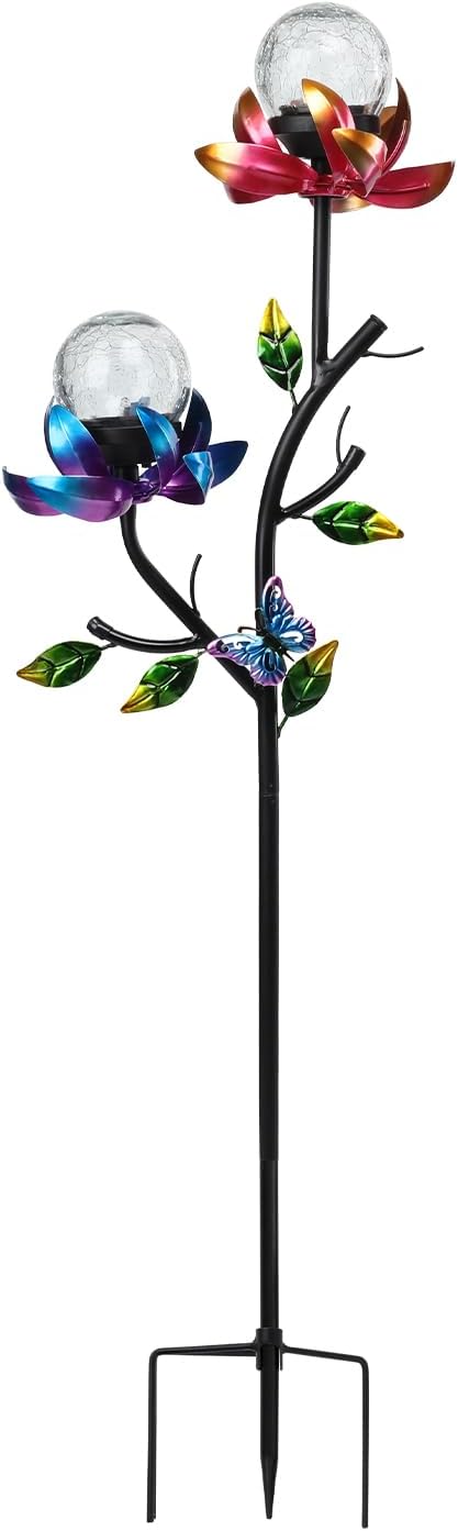 VCUTEKA Solar Garden Flowers with LED Light Crackle Glass Globe Solar Lights Outdoor Metal Stake Wind Spinner for Garden Decoration Patio Decor Yard Decor and Gift for Mother