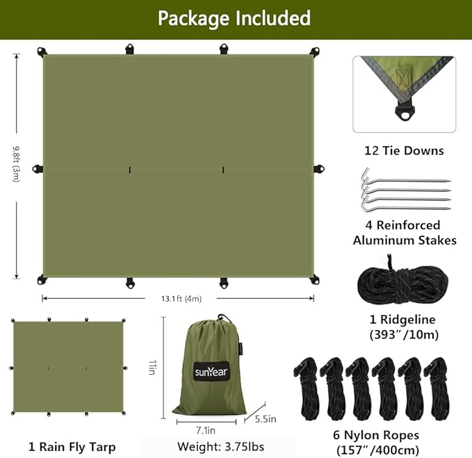 Hammock Rain Fly Tent Tarp Provides Effective Protection Against Rain Snow. 32ft Long Ridgeline. Big 9.8x9.5ft Durable Waterproof 210D Oxford. 6 Reflective Guy Lines 2 Stuff Sacks. Easy Assembly