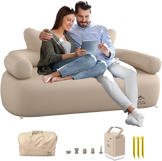 LUOOV Portable Inflatable Air Sofa with Built-in Pump Durable Camping Lounger for Adults 66.9x33.5x31.5 Khaki Loveseat - Ideal for Backyard Beach &amp Music Festivals